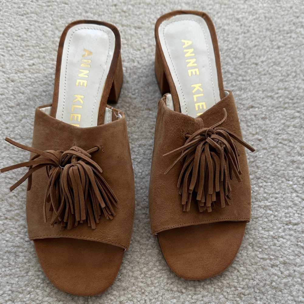 Anne Klein Tan Suede Tassel Mules